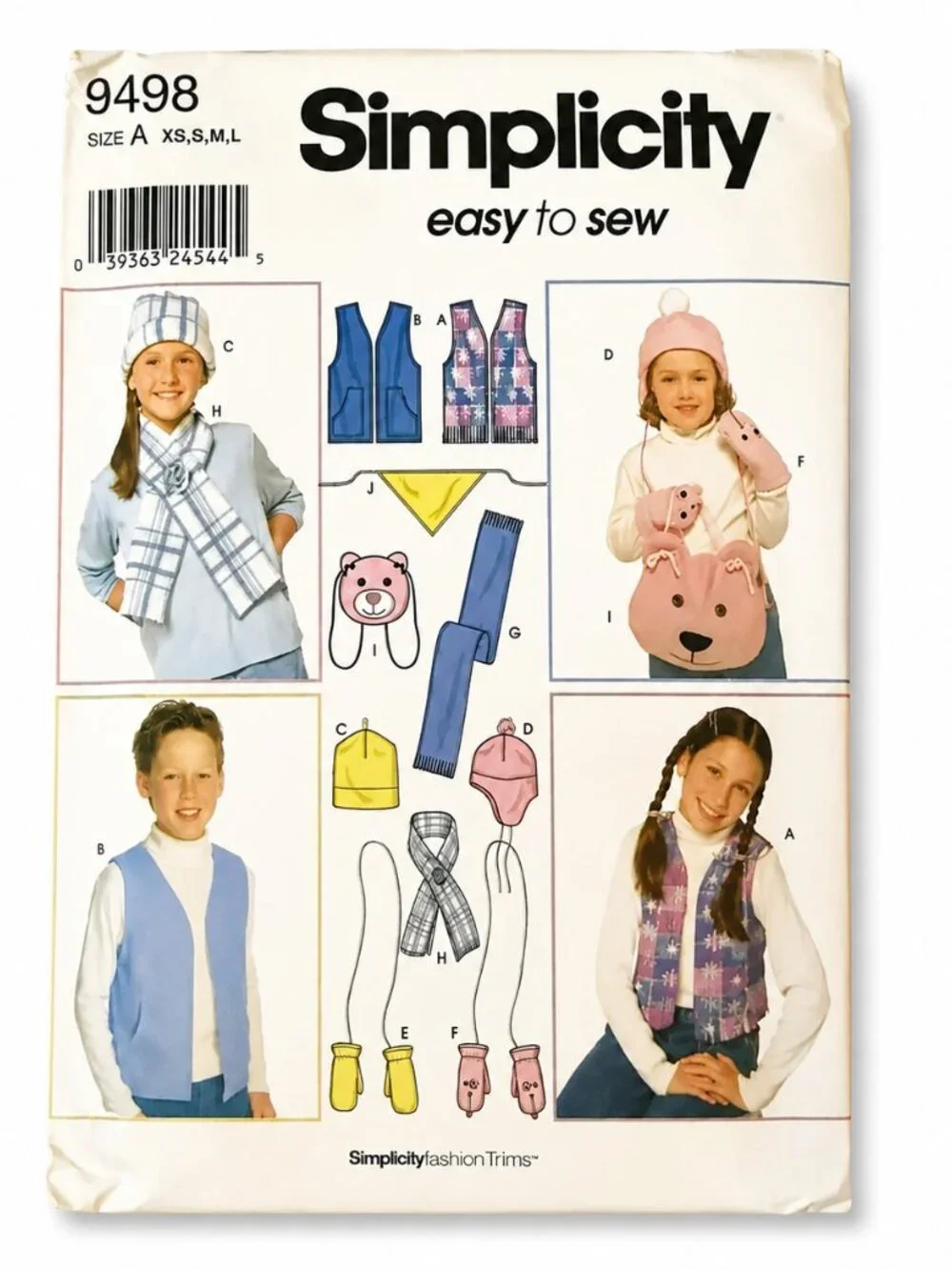 Simplicity 9498 Vest Hat Mittens‎ Scarf Bear Purse Fleece Kids Sizes XS S M L FF